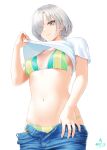  1girl artist_logo bangs bikini bikini_under_clothes breasts closed_mouth clothes_lift clothes_pull denim denim_shorts eyes_visible_through_hair grey_eyes grey_hair hair_over_one_eye highres infinote lips looking_at_viewer medium_breasts navel open_fly original sashou_mihiro shirt shirt_lift short_hair short_sleeves shorts shorts_pull signature simple_background skindentation smile solo striped striped_bikini swimsuit white_background white_shirt 