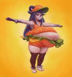  1girl animal_ears armpits bangs bear_ears blue_eyes blue_hair blunt_bangs breasts burger decisivetang fat food full_body furry hat jitome lettuce navel obese orange_background original outstretched_arms simple_background small_breasts smile solo standing t-pose thick_thighs thighhighs thighs yellow_background 