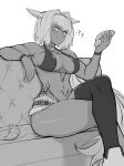  1girl ? ?? abs absurdres animal_ears biceps breasts caenis_(fate) cleavage couch croissant crossed_legs dark-skinned_female dark_skin eating fate/grand_order fate_(series) food greyscale hair_intakes highres holding holding_food large_breasts looking_at_viewer monochrome muscular muscular_female navel plate sally_(luna-arts) short_hair single_thighhigh sitting solo thighhighs 