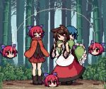  4girls anger_vein animal_ears animated animated_gif bamboo bamboo_forest blue_eyes blue_hair brown_hair bush carrying commentary disembodied_head falling fang forest grass_root_youkai_network imaizumi_kagerou inaba_mob_(touhou) inaba_tewi isu_(is88) jump_rope jumping long_hair lowres mermaid monster_girl multiple_girls multiple_heads mundane_utility nature piggyback pixel_art pleated_skirt prank princess_carry rabbit red_eyes red_hair rope sekibanki sekibanki_day shirt short_hair skirt tail touhou tripping very_long_hair wakasagihime wolf_ears wolf_tail 