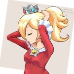  1girl alternate_hairstyle artist_request blonde_hair brooch crown dress earrings hair_over_one_eye jewelry long_sleeves looking_at_viewer mario_(series) non-web_source ponytail red_dress rosalina simple_background tagme tiara upper_body 