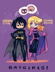  2girls absurdres bangs batgirl batman_(series) belt black_hair blonde_hair blue_eyes bodysuit boots breasts cape cassandra_cain character_name closed_mouth dc_comics english_commentary full_body gloves hand_on_hip highres long_hair mask medium_breasts multiple_girls rariatto_(ganguri) short_hair smile standing stephanie_brown superhero utility_belt 