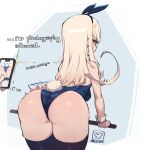  1girl anger_vein animal_ears ass back bangs bare_shoulders blonde_hair blue_eyes blue_leotard blush breasts cellphone fake_animal_ears highleg highleg_leotard highres leotard long_hair looking_at_viewer looking_back magister original phone playboy_bunny rabbit_ears rabbit_tail small_breasts solo_focus tail thighhighs thighs wrist_cuffs 