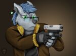  action_pose anthro canid canine canis capcom claws earpiece eyewear glasses gun handgun hi_res male mammal pistol pose ranged_weapon resident_evil solo theslimedragon video_games weapon wolf 
