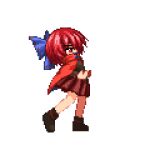  animated animated_gif ankle_boots attack black_footwear boots bow cape cloak collar commentary hair_bow headbutt headless isu_(is88) lowres pixel_art pleated_skirt red_cape red_cloak red_eyes red_hair sekibanki skirt sprite touhou transparent_background 