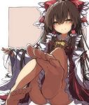  1girl ascot ass bangs barefoot blush bow brown_eyes brown_hair closed_mouth commentary detached_sleeves feet foot_focus foreshortening frilled_bow frilled_hair_tubes frilled_skirt frills hair_between_eyes hair_bow hair_tubes hakurei_reimu highres long_hair long_sleeves looking_at_viewer nontraditional_miko panties red_bow red_skirt red_vest sidelocks skirt smile soles solo tangusuten toes touhou underwear very_long_hair vest white_panties wide_sleeves yellow_ascot 
