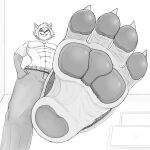  4_toes abs anthro athletic athletic_anthro athletic_male belt bottomwear claws clothed clothing denim denim_clothing feet foot_fetish foot_focus glistening glistening_pawpads greyscale grin hand_in_pocket hi_res jeans low-angle_view male mammal micro monochrome olimtod pants pants_only pawpads paws pecs pockets raised_foot smile solo stomping_pov toes topless 