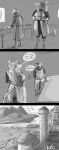  2022 absurd_res anthro armor biped bovid bovine cattle chainmail comic daniella_(doctordj) dialogue digital_media_(artwork) doctordj dressing duo english_text female greyscale headgear helmet hi_res highland_cattle hooves horn human kettle_helmet larger_anthro larger_female male mammal monochrome size_difference smaller_human smaller_male speech_bubble text tower 