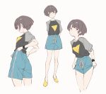  1girl arms_behind_back brown_eyes brown_hair closed_mouth collarbone grey_background highres multiple_views original popman3580 shirt_tucked_in short_hair simple_background smile standing triangle triangle_print yellow_footwear 