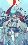  1girl absurdres arms_behind_head arms_up bangs belt blue_background blue_belt blue_eyes blue_footwear blue_hair blue_skirt bodice cape chinese_commentary commentary_request detached_sleeves falling_petals feet_out_of_frame flowercz frills gloves hair_ornament highres holding holding_sword holding_weapon knees_together_feet_apart leg_belt looking_at_viewer magical_girl mahou_shoujo_madoka_magica miki_sayaka multiple_swords musical_note musical_note_hair_ornament petals plant planted planted_sword serious shoes short_hair skirt solo staff_(music) standing sword thighhighs thorns vines weapon white_cape white_gloves white_thighhighs 