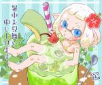  1girl :t bare_arms bare_shoulders bikini blue_eyes blue_pupils breasts cantaloupe cherry cleavage closed_mouth drink drinking_straw flower food fruit hair_flower hair_ornament hibiscus highres holding holding_food holding_fruit ice ice_cube inkling inkling_girl ivy leaf micro_bikini partially_submerged plant pointy_ears red_flower short_hair small_breasts solo splatoon_(series) swimsuit tentacle_hair untied untied_bikini white_hair yellow_bikini yugmlecpdduukox 