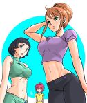  3girls absurdres aida_rayhunton aobito_sukoyaka_bystander black_hair black_pants blush bowl_cut breast_envy breasts brown_hair collarbone crop_top flat_chest forehead_jewel green_pants green_shirt gundam gundam_g_no_reconguista hair_bun highres jitome looking_at_viewer looking_down manny_ambassada medium_breasts midriff multiple_girls navel noredo_nug pants pink_hair purple_shirt red_eyes shirt short_hair sleeveless sleeveless_shirt yellow_pants yellow_shirt yoga_pants 