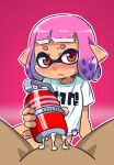  1boy 1girl artificial_vagina blush closed_mouth cum fizzy_bomb_(splatoon) gradient gradient_background gradient_hair heart highres inkling inkling_girl multicolored_hair nose_blush orange_eyes outline penis pink_hair pointy_ears purple_hair sex_toy shirt short_hair short_sleeves splatoon_(series) t-shirt tenga tentacle_hair two-tone_hair white_outline white_shirt yugmlecpdduukox 