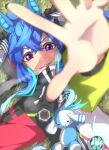  1girl @_@ ahoge animal_ears arm_up bangs blue_eyes blue_hair blurry blurry_background breath commentary_request crossed_bangs depth_of_field drawer ear_covers foreshortening from_above grass grin hair_between_eyes heterochromia highres horse_ears long_hair looking_at_viewer looking_up lying multicolored_hair on_back on_grass on_ground parted_lips purple_eyes reaching_out sharp_teeth sidelocks smile solo stuffed_toy teeth thin_(suzuneya) twin_turbo_(umamusume) twintails umamusume upper_body 