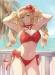  1girl armpits arms_up athena_(granblue_fantasy) bangs bikini blonde_hair braid breasts choker cleavage cowboy_shot criss-cross_halter granblue_fantasy grey_eyes groin hairband halterneck hand_in_own_hair highres long_hair looking_at_viewer medium_breasts navel nos red_bikini smile solo swimsuit teeth twin_braids 