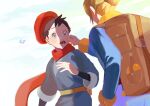  2boys akbspkmn backpack bag black_shirt blonde_hair blue_jumpsuit brown_bag cheek_pull commentary_request fanny_pack grey_eyes grey_jacket hair_bun hat highres jacket jumpsuit long_sleeves male_focus multiple_boys open_mouth pokemon pokemon_(game) pokemon_legends:_arceus rei_(pokemon) scarf shirt short_hair teeth tongue volo_(pokemon) yellow_bag 