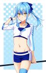  1other abbbikun androgynous blue_hair blush bracelet commentary highres jewelry looking_at_viewer midriff navel race_queen rimuru_tempest short_shorts shorts skindentation solo tensei_shitara_slime_datta_ken thighhighs yellow_eyes 