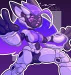  anthro breasts butt female genitals hair hi_res machine pinup pose protogen purple_hair pussy shy solo ursk wide_hips 