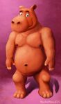  anthro belly brown_eyes clay_creature common_hippopotamus eyebrows goo_creature hands_at_side hi_res hippopotamid hooves looking_at_viewer male mammal moobs navel nipples null_bulge orange_body overweight overweight_male pink_background raised_eyebrows simple_background smile smiling_at_viewer solo standing wontonrhino 