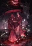  2boys armlet bridal_veil bug butterfly dress full_body glowing_butterfly highres holding holding_umbrella hua_cheng husband_and_husband long_hair long_sleeves male_focus moon multiple_boys rain senyumuge22414 standing tian_guan_ci_fu umbrella veil wedding_dress white_butterfly xie_lian 