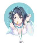  arknights bikini black_eyes black_hair blowing_whistle bracelet circle expressionless goggles goggles_around_neck hair_ornament hand_in_own_hair highres jewelry la_pluma_(arknights) la_pluma_(summer_flowers)_(arknights) light_blue_background looking_at_viewer off-shoulder_shirt off_shoulder portrait see-through see-through_shirt shirt simple_background skindentation swimsuit whistle whistle_around_neck white_background yumuto_(spring1786) 