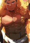  1boy abs bara bare_pectorals blue_eyes boar_boy body_fur brown_fur brown_hair facial_hair goatee gullinbursti_(housamo) highres hood hood_up large_pectorals long_sideburns male_focus male_swimwear muscular muscular_male nipples pectorals sawch_cls scar short_hair sideburns solo stomach_tattoo tattoo tokyo_afterschool_summoners topless_male tusks upper_body v-shaped_eyebrows white_background white_male_swimwear 