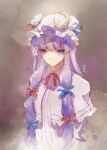  1girl artist_name bangs blue_bow blue_ribbon blunt_bangs bow breasts capelet closed_mouth crescent crescent_hat_ornament dress expressionless hair_bow hair_ribbon hat hat_ornament highres kureihii long_hair looking_at_viewer medium_breasts mob_cap multi-tied_hair patchouli_knowledge purple_background purple_eyes purple_hair red_ribbon ribbon scowl sidelocks simple_background solo striped striped_dress touhou tress_ribbon upper_body vertical-striped_dress vertical_stripes white_capelet white_dress 