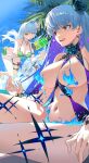  2girls armlet bangs bare_shoulders bikini blue_fire blue_hair body_markings bracelet breasts cleavage collarbone dual_persona earrings fate/grand_order fate_(series) fire flower frills green_bikini hair_flower hair_ornament hair_ribbon jewelry kama_(fate) kama_(swimsuit_avenger)_(fate) kama_(swimsuit_avenger)_(second_ascension)_(fate) kama_(swimsuit_avenger)_(third_ascension)_(fate) large_breasts long_hair looking_at_viewer lotus multicolored_hair multiple_girls navel necklace omurice_(304975636) open_mouth pendant red_eyes revealing_clothes ribbon smile star_(symbol) star_earrings swimsuit thighs two-tone_hair white_hair 