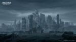  absurdres aether_gazer building car city cityscape cloud cloudy_sky copyright_name damaged debris fire ground_vehicle highres mecha motor_vehicle outdoors road robot ruins scenery sky skyscraper smoke tree z4_(546455792) 