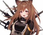  1girl :d animal_ear_fluff animal_ears arknights bangs black_jacket black_shirt breasts brown_hair ceobe_(arknights) commentary_request dog_ears fang hair_between_eyes highres jacket l_eri long_hair looking_at_viewer medium_breasts red_eyes shirt simple_background smile solo upper_body weapon white_background 