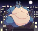  anthro belly belly_overhang big_belly black_body black_fur blue_body blue_fur building chubby_cheeks fat_rolls full-length_portrait fur generation_4_pokemon hi_res love_handles lucario macro male moobs morbidly_obese nintendo obese overweight pokemon pokemon_(species) portrait solo standing tan_body tan_fur thick_arms thick_thighs unixcat video_games wide_hips 