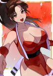  1girl :d bare_shoulders breasts brown_eyes brown_hair cleavage fatal_fury folding_fan hand_fan high_ponytail japanese_clothes large_breasts long_hair looking_at_viewer ninja oni_gini pelvic_curtain ponytail revealing_clothes shiranui_mai smile solo the_king_of_fighters thighs 