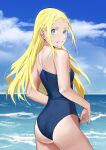  1girl absurdres ass blonde_hair blue_eyes blue_sky breasts cloud competition_school_swimsuit day from_behind highres horizon hyugorestion kofune_ushio long_hair looking_at_viewer ocean outdoors parted_lips school_swimsuit sky small_breasts solo summertime_render swimsuit 