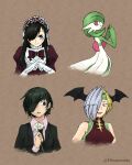  4girls artist_name back bangs bare_shoulders bat_wings black_eyes black_hair black_jacket black_necktie black_wings blonde_hair blush bob_cut boku_no_hero_academia bow bowtie breasts brown_background chainsaw_man character_request closed_mouth collared_shirt colored_skin commentary_request constricted_pupils cropped_torso daisy dress eyepatch flat_chest flower formal frilled_hairband frills from_behind gardevoir gloves gothic_lolita green_hair green_headband green_skin grin hair_over_one_eye hairband hand_up hands_up happy head_wings headband highres himeno_(chainsaw_man) hinata_kanata holding holding_flower jacket juliet_sleeves light_blush lolita_fashion long_hair long_sleeves looking_at_viewer looking_back looking_to_the_side medium_breasts multicolored_skin multiple_girls necktie object_on_head one_eye_covered open_mouth own_hands_together pink_shirt pokemon pokemon_(creature) puffy_sleeves purple_bow purple_bowtie purple_dress purple_hairband red_eyes red_shirt ryuukyuu sharp_teeth shirt short_hair sidelocks simple_background sleeveless sleeveless_shirt small_breasts smile split_mouth standing steepled_fingers straight-on suit teeth trait_connection twitter_username two-tone_skin upper_body watermark white_flower white_gloves white_skin wings x_fingers yellow_eyes 