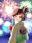  1girl absurdres aerial_fireworks alternate_costume alternate_hairstyle bangs black_hair blue_hair blue_kimono blush bow candy_apple commentary_request demon_girl demon_horns fang fireworks flower folded_ponytail food from_behind green_bow highres holding holding_food horn_flower horns japanese_clothes kein_k kimono long_sleeves looking_at_viewer looking_back mask mask_on_head multicolored_hair open_mouth pink_flower pointy_ears red_eyes shishio_chris smile solo sugar_lyric two-tone_hair upper_body virtual_youtuber yukata 