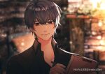  1boy bangs black_shirt blurry blurry_background closed_mouth collared_shirt earrings holding holding_pen jewelry marius_von_hagen_(tears_of_themis) meixallen pen purple_eyes purple_hair shirt short_hair smile solo tears_of_themis upper_body 