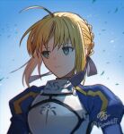  1girl absurdres ahoge armor artoria_pendragon_(fate) blue_sky braid breastplate cloud fate/stay_night fate_(series) french_braid green_eyes hair_ribbon highres juliet_sleeves long_sleeves looking_to_the_side none_(kameko227) petals puffy_sleeves purple_ribbon ribbon saber short_hair sky solo twitter_username upper_body 