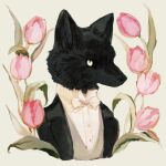  1:1 anthro biped black_body black_fur black_nose black_suit bow_tie bust_portrait canid canine canis clothing flower fur grey_clothing grey_jacket grey_topwear hi_res jacket male mammal plant portrait pupils rt0no shirt simple_background slit_pupils solo suit topwear white_bow_tie white_clothing white_shirt white_topwear wolf 