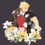  1boy 1girl aerith_gainsborough armor bandaged_arm bandages bangle bangs belt blonde_hair blue_eyes blush bracelet braid braided_ponytail brown_gloves brown_hair cloud_strife couple cowboy_shot cropped_jacket dress final_fantasy final_fantasy_vii final_fantasy_vii_remake flower gloves green_eyes grey_background hair_between_eyes hair_ribbon hand_on_another&#039;s_chin highres holding_another&#039;s_wrist jacket jewelry kaka_ff14 long_dress long_hair looking_at_another muscular muscular_male parted_bangs parted_lips pink_dress pink_ribbon red_jacket ribbon short_hair short_sleeves shoulder_armor sidelocks sleeveless sleeveless_turtleneck spiked_hair suspenders turtleneck wavy_hair white_flower yellow_flower 