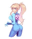  1girl absurdres ass bangs blonde_hair blue_bodysuit blue_eyes bodysuit breasts from_behind hair_between_eyes highres large_breasts long_hair looking_back metroid mole mole_under_mouth ponytail samus_aran skin_tight solo white_background winterregalia zero_suit 