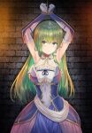  1girl alternate_costume armpits arms_up bangs blonde_hair bound bound_wrists breasts brick_wall commentary_request dress elbow_gloves gloves green_eyes green_hair kochiya_sanae large_breasts long_hair looking_at_viewer multicolored_hair restrained sleeveless sleeveless_dress solo tiara touhou y2 
