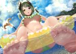 1girl :o bangs barefoot beach bikini blue_eyes blue_sky blush breasts brown_horns bubble cloud commentary_request curled_horns dc24v demon_horns demon_tail feet foot_focus frilled_bikini frills full_body green_bikini hair_ornament heterochromia highres honey_strap horns innertube large_breasts looking_at_viewer navel ocean open_mouth sekishiro_mico short_hair short_twintails sky soles solo swept_bangs swimsuit tail toes tree twintails underboob virtual_youtuber water x_hair_ornament yellow_eyes 