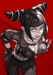  bangs blunt_bangs breasts cowboy_shot fingerless_gloves gloves greyscale hair_horns han_juri hand_on_hip hungry_clicker jacket leaning_forward limited_palette looking_at_viewer midriff monochrome pants red_background shirt street_fighter street_fighter_v tongue tongue_out two-tone_background 