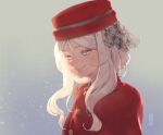  1girl blue_eyes blurry buttons closed_mouth coat depth_of_field grey_background hair_between_eyes hat highres kureihii light_particles long_hair looking_down nose nostrils original purple_eyes red_coat red_headwear sidelighting simple_background smile solo upper_body white_hair 