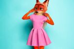  blue_background canid canine clothing disney dress edit female fox fur hi_res mammal mightymorphingman nick_wilde orange_body orange_fur photo_manipulation photomorph pink_clothing pink_dress simple_background solo tan_body tan_fur zootopia 