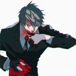  1boy azisaiharumaki56 bangs black_gloves black_jacket black_necktie blood blood_on_clothes blood_on_face blood_on_hands blue_hair brown_eyes collared_shirt commentary_request fate/grand_order fate_(series) fingerless_gloves gloves highres injury jacket long_sleeves looking_at_viewer male_focus necktie saitou_hajime_(fate) shirt short_hair simple_background smile solo upper_body white_background white_shirt 