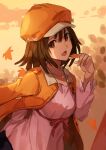  1girl autumn_leaves bakemonogatari bangs blunt_bangs brown_eyes brown_hair cabbie_hat casual hat highres jacket jacket_on_shoulders looking_at_viewer medium_hair monogatari_(series) nasubin_(nasubisamurai15) orange_headwear orange_jacket pink_shirt sengoku_nadeko shirt smile solo upper_body 