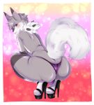  absurd_res anthro big_butt blush bulge butt clothed clothing crossdressing crouching footwear generation_7_pokemon girly hi_res high_heels looking_back lycanroc male midday_lycanroc nintendo panties platform_footwear platform_heels pokemon pokemon_(species) raised_tail solo underwear vaini video_games 