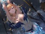  1girl armpits bangs blonde_hair blue_eyes blush breast_tattoo breasts breasts_apart covering covering_breasts demon_girl demon_horns demon_tail demon_wings funi_mu9 green_eyes highres hololive horns ice large_breasts long_hair looking_at_viewer navel panties parted_lips pointy_ears restrained solo tail tattoo thigh_gap underwear virtual_youtuber wings yuzuki_choco 