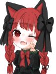  1girl ;d animal_ears ao_orin_ringo black_bow bow braid cat_ears chibi dress fang hair_bow hand_up highres kaenbyou_rin long_sleeves multiple_tails one_eye_closed paw_pose red_eyes red_hair skin_fang smile solo tail touhou twin_braids 